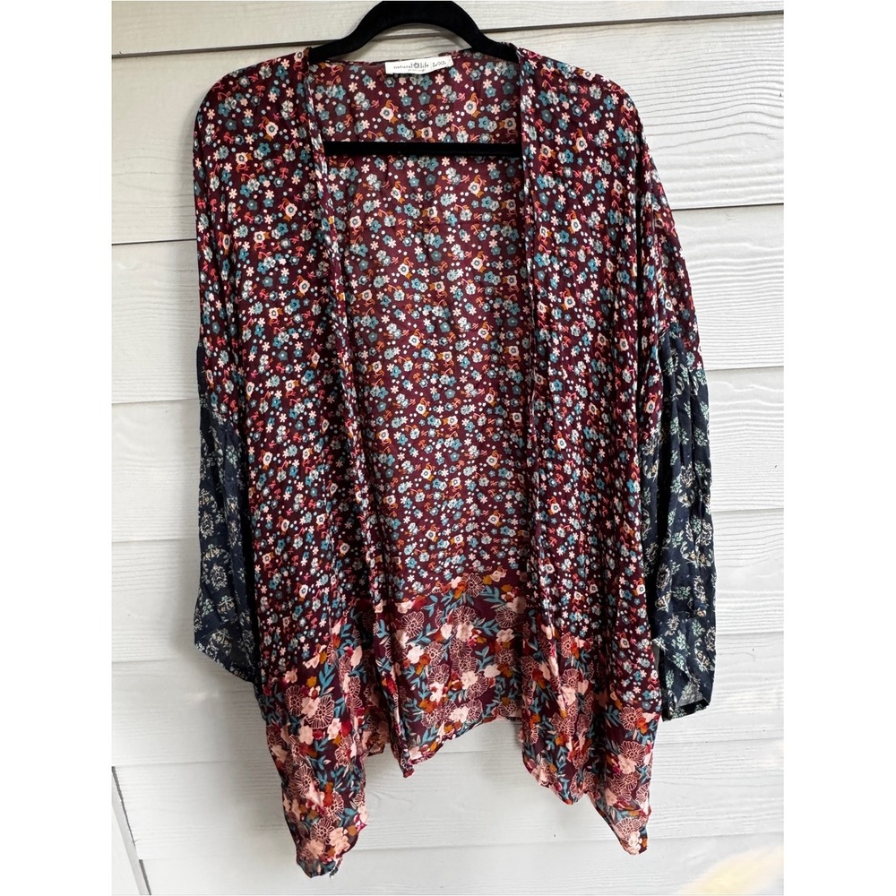 Natural Life Women L/XL Floral Kimono Cardigan Boho Patchwork Bell Sleeve Duster